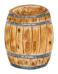 Wooden barrel watercolor hand drawn illustration.