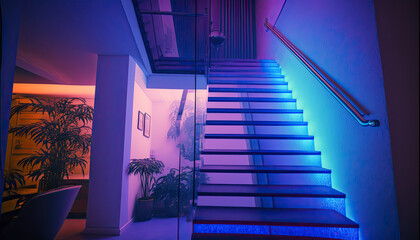 A moder home interior, staircase to the upper floor illuminated by led strips - Generative AI