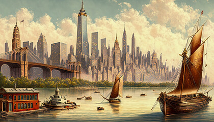 New York City skyline in year 1880 - Generative AI
