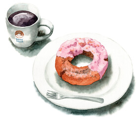 アナログ水彩コーヒーとストロベリーファッションドーナツ