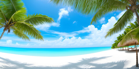 Fototapeta na wymiar Beautiful sandy beach with white sand and rolling calm wave of turquoise ocean on Sunny day on background white clouds by Generative AI 