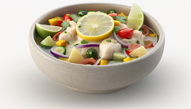 Fish ceviche with sweet potatoes. Traditional Peruvian food. Ceviche with enough tigra milk - Generative AI