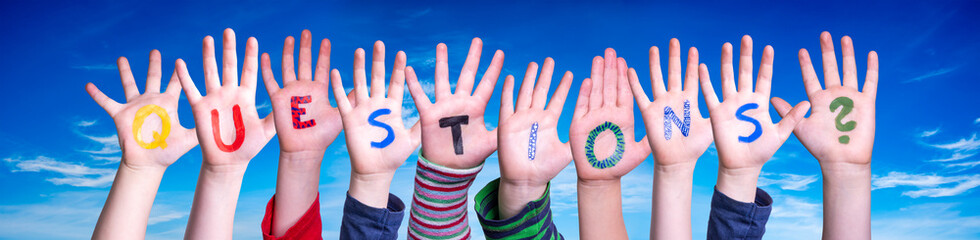Children Hands Building Word Questions, Blue Sky