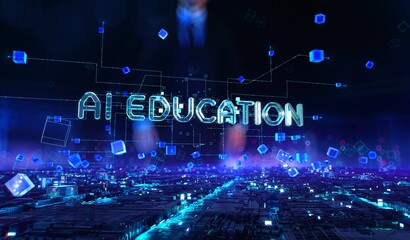 AI Education - businessman working and touching with virtual reality at office.