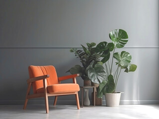 Office corner with decorative flowers (monstera deliciosa) and chairs. Generative AI