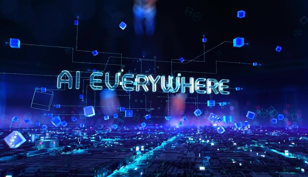 AI everywhere- businessman working with augmented virtual reality, night office.