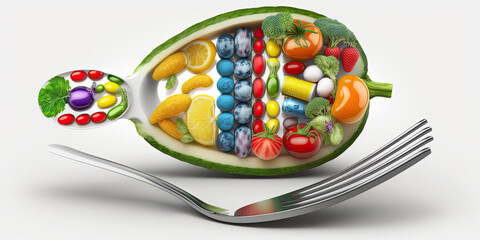 Natural food supplement concept as a pill or medicine capsule with fresh fruit and vegetables inside on a fork - Generative AI