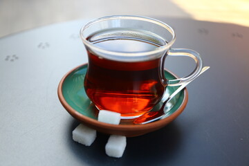 Black tea serving style. Tea and coffee shop in Istanbul.