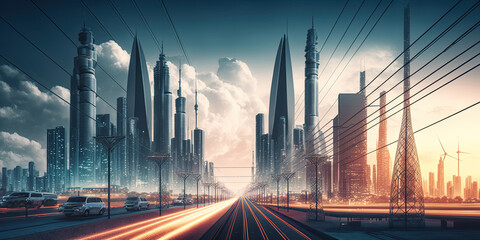 Obraz na płótnie Canvas Modern city with infrastructures and buildings - Generative AI