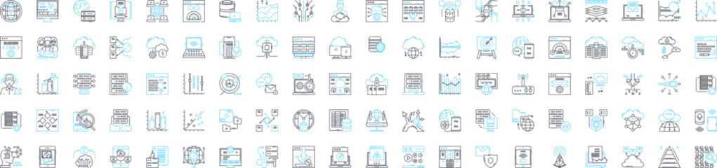 Network hosting vector line icons set. Webhosting, Cloudhosting, Networking, Colocation, Shared, Dedicated, Domains illustration outline concept symbols and signs - obrazy, fototapety, plakaty