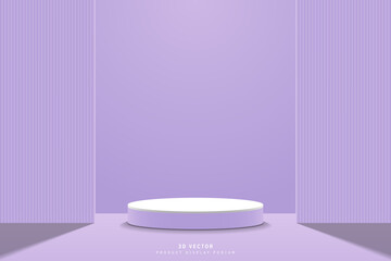 Naklejka na ściany i meble Abstract purple white 3d cylinder podium or product display stand with vertical wall geometric shape backdrop. 3d vector rendering in studio room. design stage for promoting product, mockup, template.