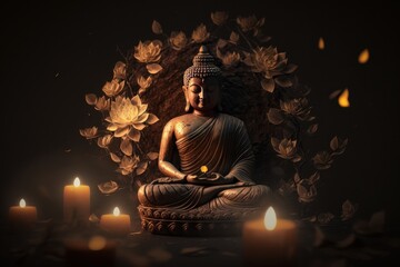 Buddha statue with Candle light, Buddha purnima Vesak day background. Generative ai