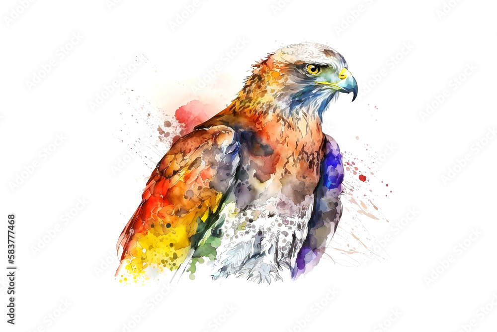Poster hawk drawn with multi-colored watercolors isolated on a white background. generated by ai