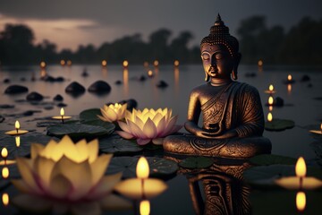 Obraz premium Buddha purnima Vesak day background, Buddha statue with Lotus flower and Candle light side on river. Generative ai