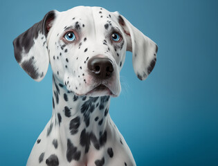 Portrait of a dalmatian puppy with blue eyes is sitting, a beautiful dog photo for advertising. Generative AI