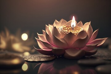 Lotus flower with candle light background, Buddha purnima Vesak day. Generative ai