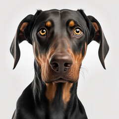 Young black and tan dobermann dog with ears lying down on white black, a beautiful dog photo for advertises. Generative AI
