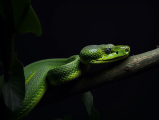 Fototapeta premium Venomous and poisonous snake, green viper snack on branch against dark background. Generative AI