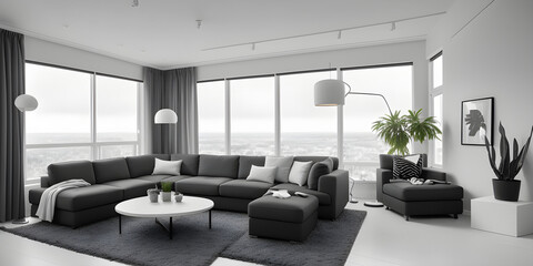 Fototapeta premium Modern interior for an apartment living room with a panoramic view by Generative AI 