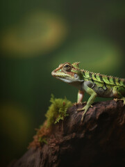 Green lizard calotes pethiyagodai on a branch of a tree in the nature with blurry background of leaves. Generative AI
