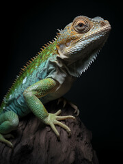 Obraz premium Nature power and beauty close up green iguana showing scaly skin, spines on neck, in a studio with lighting. Generative AI