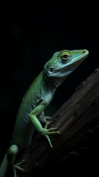 A little lizard is sitting on a tree branch against dark background with a light, green anole. Generative AI