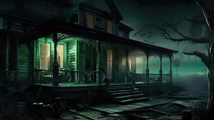 Front Porch of a ghostly, creepy and abandoned building, Haunted house Background, Digital Illustration, Concept Art, Generative AI