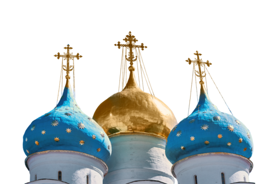 Assumption Cathedral of the Trinity-Sergius Lavra, isolated on a white background. Domes of Orthodox churches in Sergiev Posad - the Golden ring of Russia.