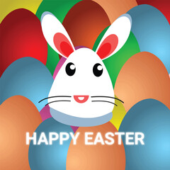 Happy Easter card with rabbit, colored eggs and text. Vector illustration.