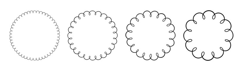 Doodle circle and oval scalloped frames. Hand drawn scalloped edge ellipse shapes. Simple round label form. Flower silhouette lace frame. Vector illustration isolated on white background.