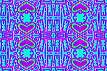 Modern abstract kaleidoscopic repetitive tiled mosaic pattern digital purple, green, blue background with Distorted Motion glitch effect. Psychedelic tribal vibe, New wave, neon 90s, 80s, 2000s colors