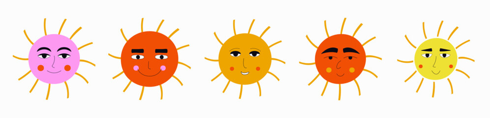 Smiling sun, abstract personage, mascot design, funny face, cute icon.