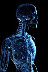 Power of AI in health care. A blue human anatomy on a dark background. Innovative diagnostics, personalized treatments, and advanced imaging technologies. Future of digital medicine. Generative AI