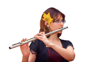 The woman plays a large silver transverse flute, isolated on a white background. A woman in purple dresses blows a flute at a concert. In the hands of the musician metal musical instrument
