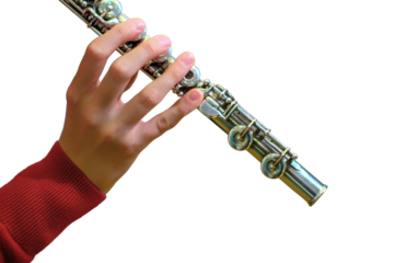 The woman is holding a large concert flute (in hands close-up), isolated on a white background. Professional musician at the rehearsal