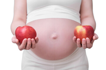 Pregnant woman with two red apples, isolated on a white background concept of a two-child pregnancy