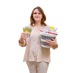 A woman smiles and holds money in euros when cleaning a home living room, isolated on a white background