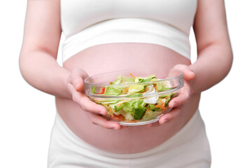 Pregnant woman with a bowl of salad in her hands, isolated on a white background