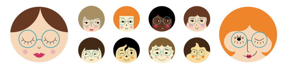Feminine look, abstract personage, mascot design, funny face, cute icon.