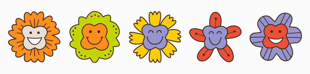 Smiling flower, abstract personage, mascot design, funny face, cute icon.