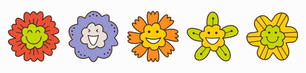 Smiling flower, abstract personage, mascot design, funny face, cute icon.