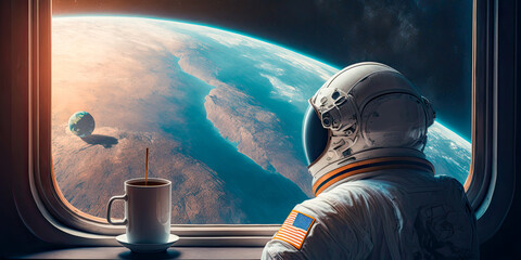 Fototapeta na wymiar Astronaut enjoying coffee with view of Earth - Generative AI