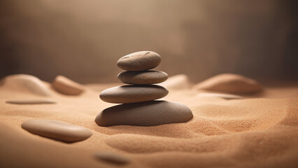 Fototapeta na wymiar Natural composition of zen stones and sand background, balancing art concept. Generative AI