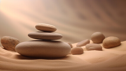 Fototapeta na wymiar Abstract nature scene with stack of zen stones sand background, balancing art concept. Generative AI