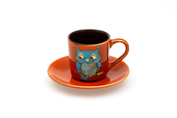 cup coffee isolated on white background, owl, red