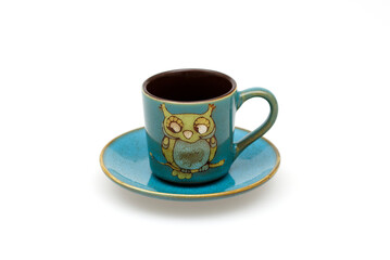 cup coffee isolated on white background, owl, blue
