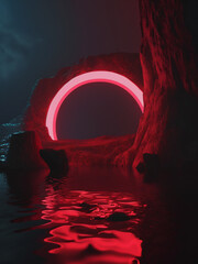 Obraz premium Red circle and clouds illuminated with neon light ring glowing above the calm water in dark cave animation, abstract 3d render. Generative AI