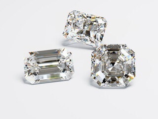 Three diamonds of radiant, emerald, asscher cut scattered on white background. 3d illustration