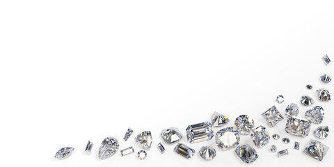 Loose diamonds scattered over white background. 3d illustration