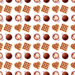 Watercolor illustration with wafers of various shapes. Heart waffles, square waffles, and round waffles